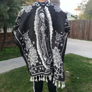 Black//Green Jorongo Poncho Gavan Mexican Virgen Guadalupe Reversible 2 in 1